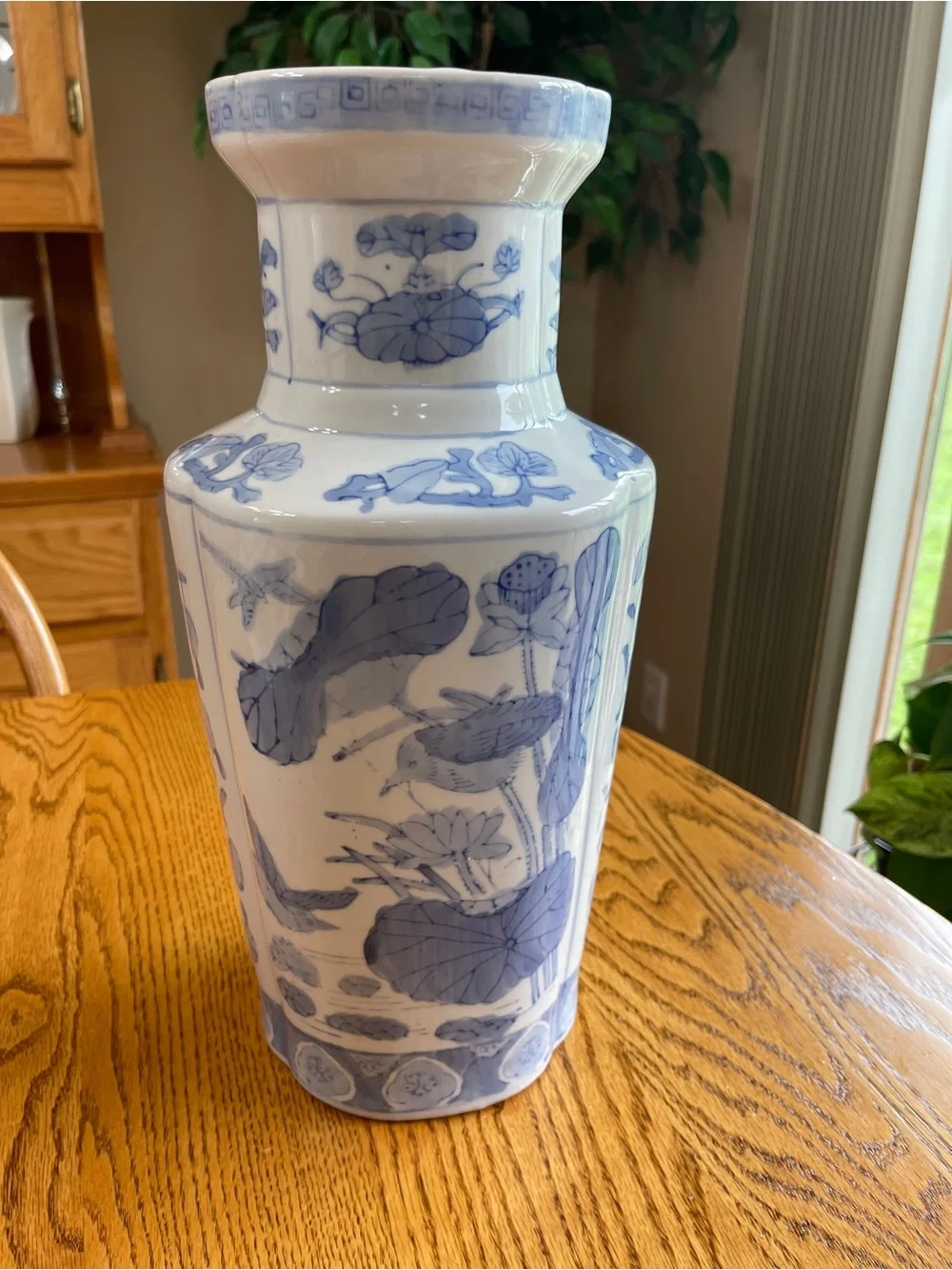 Vintage Mid-Century Asian Inspired 14” Vase 4 Lobed Sides Birds Lotus Floral